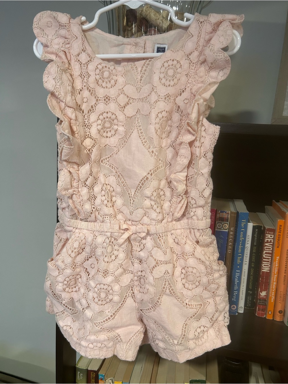 Janie and Jack Blush Pink Lace Romper with Ruffle Shoulders